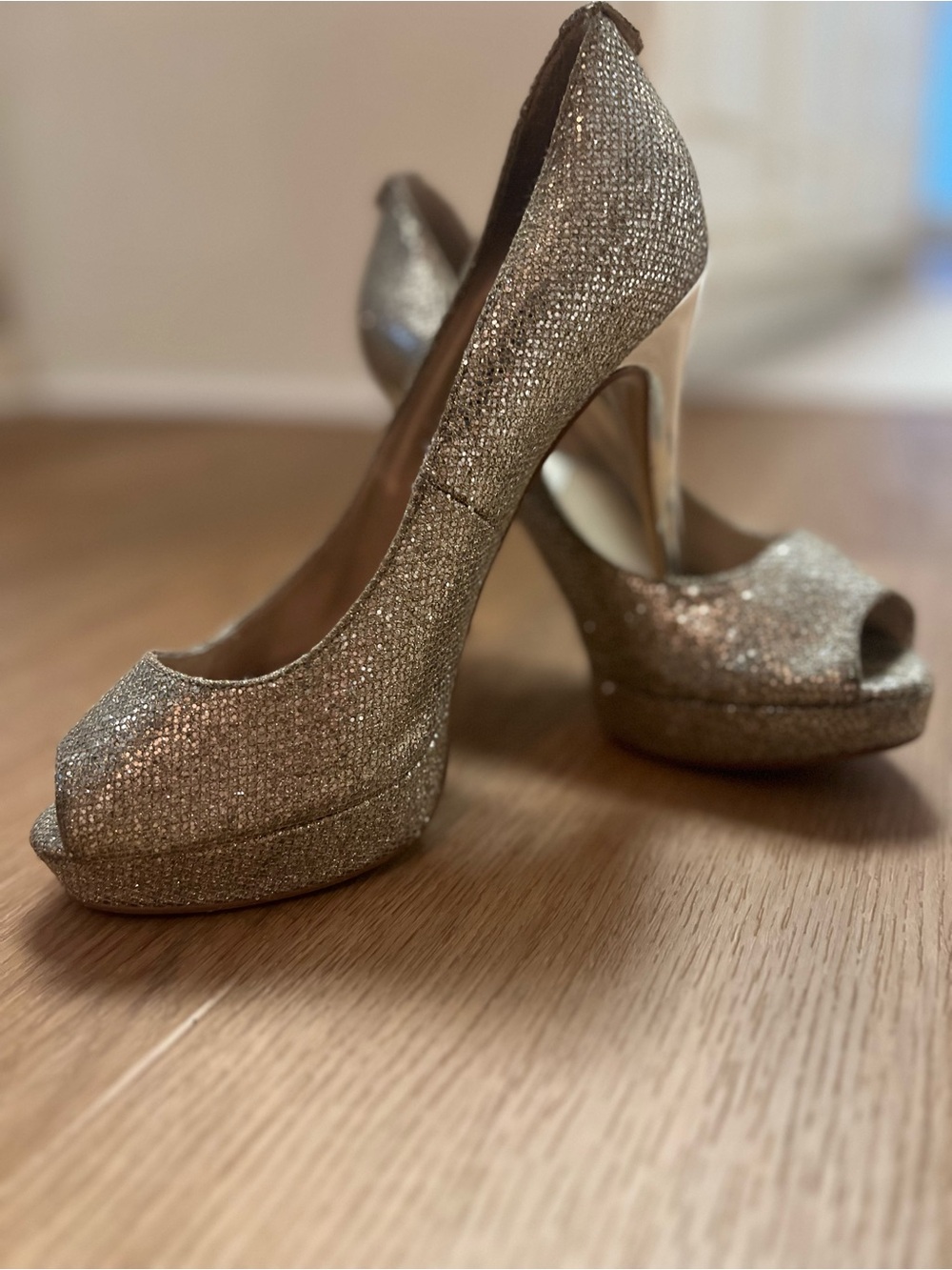 Michael Kors Silver Glitter Peep-Toe Platform Heels